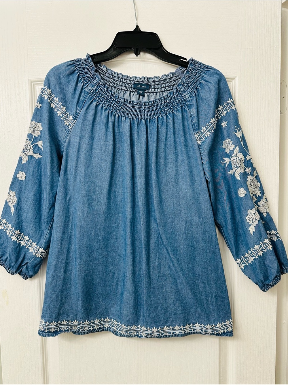 J. Jill Blue denim Embroidered Peasant Blouse